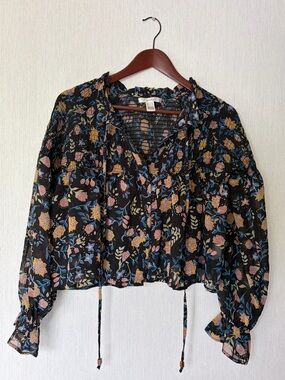 Society Black Floral Smocked Peasant Blouse